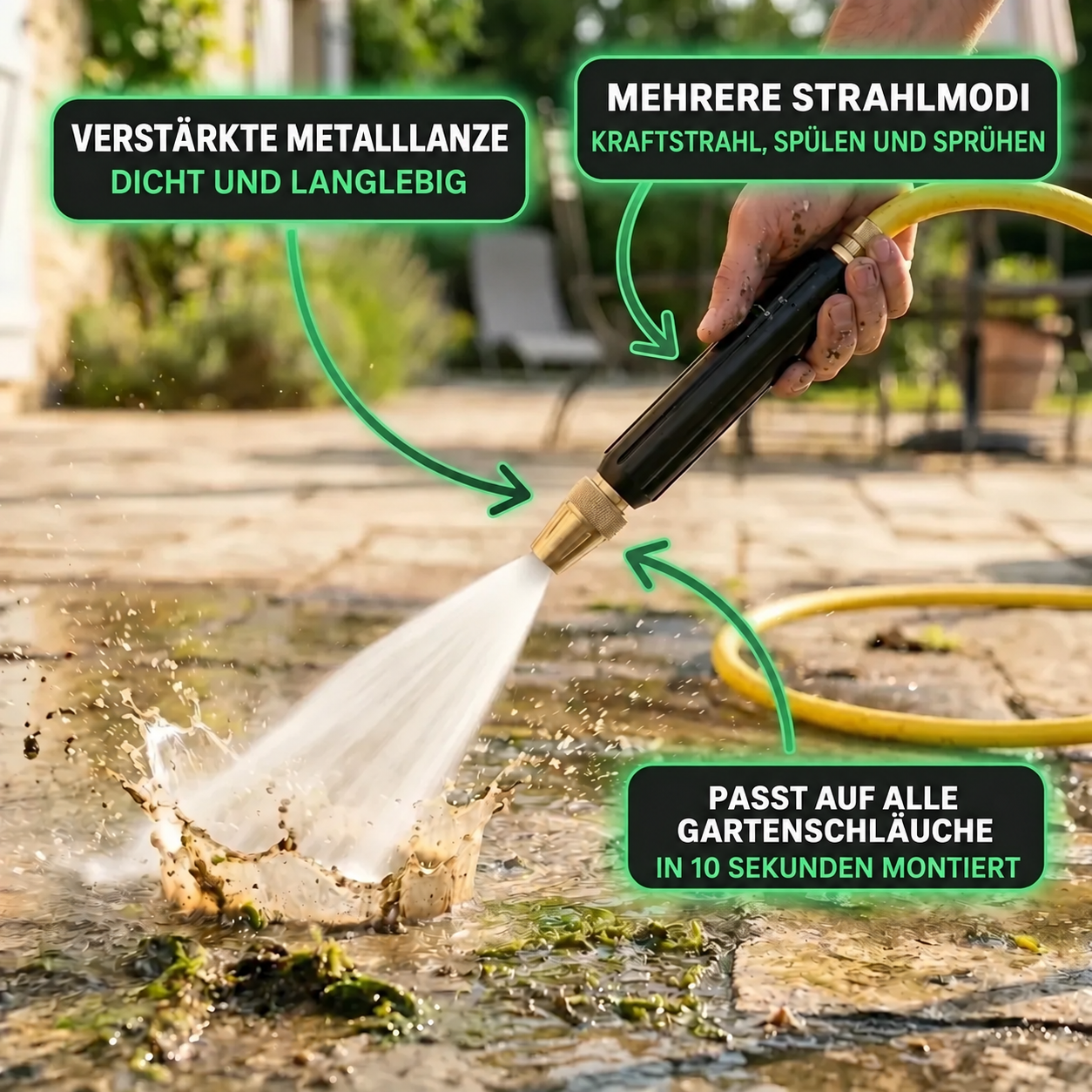 B10 PRO Hochdruckdüse mit verstärkter Metalllanze, mehreren Strahlmodi und Anschluss für alle Gartenschläuche